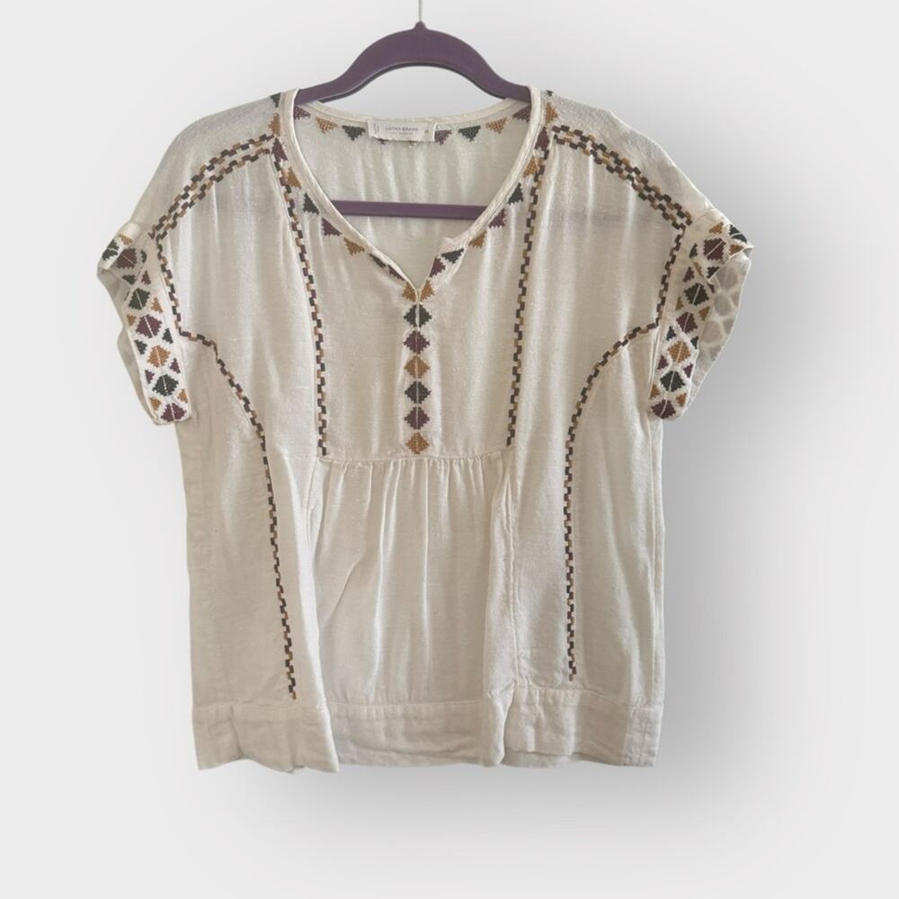 Lucky Brand linen like look shirt with embroidered accent, XS